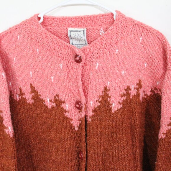 Women Chunky Knit Cardigan Sweater Hand knit Large XL Del Mundo Vintage Heavy - Picture 2 of 11